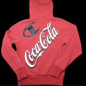 Champion X Coca Cola Hoodie Mens Small Red Reverse Weave Fleece Sweatshirt